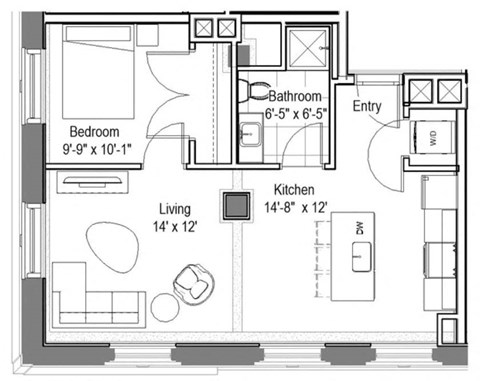 Floor plan for 1 bed, 1 bath, 571 sqft